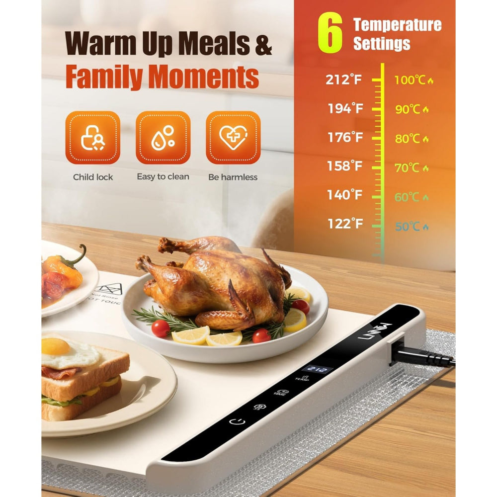 Food Warming Mat 26x15": 6 Temp & Timer Settings with Child Lock for Buffets & Parties - Take Fire