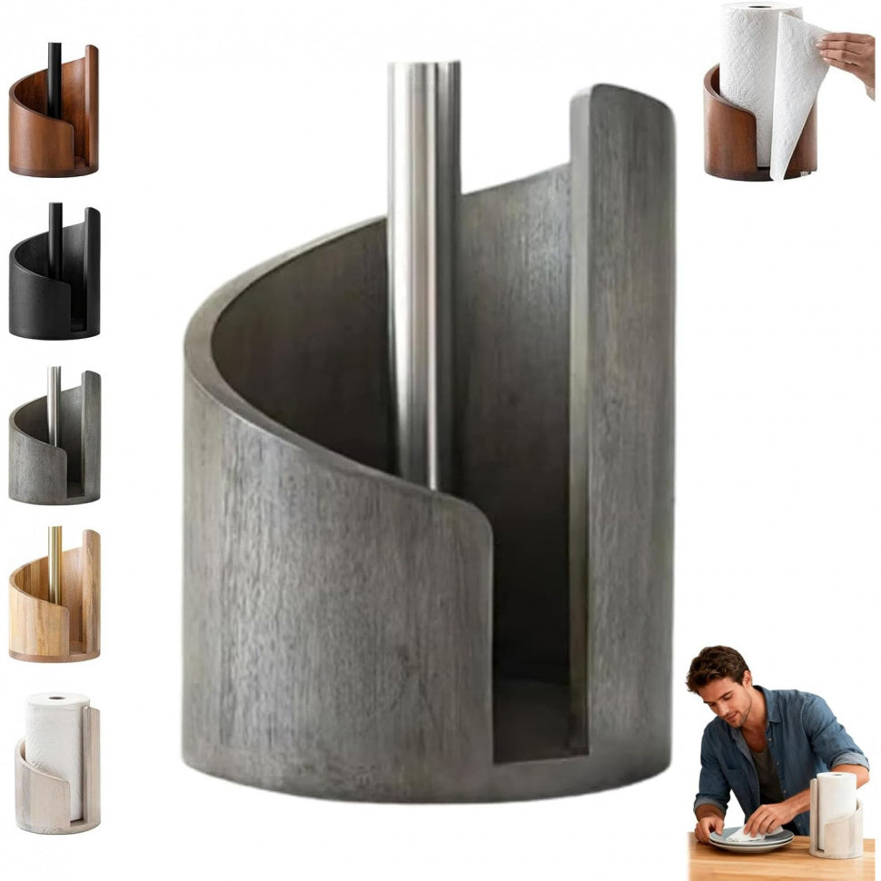 Mango Wood Paper Towel Holder: Iron Stand with One-Hand Tearing for Jumbo Rolls (Gray) - Take Fire