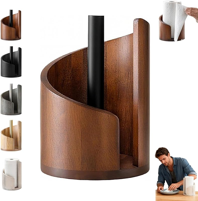 One-Hand Paper Towel Holder: Mango Wood Base & Iron Stand for Jumbo Rolls (Gray) - Take Fire