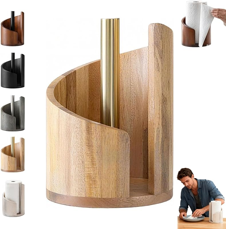 One-Hand Paper Towel Holder: Mango Wood Base & Iron Stand for Jumbo Rolls (Gray) - Take Fire