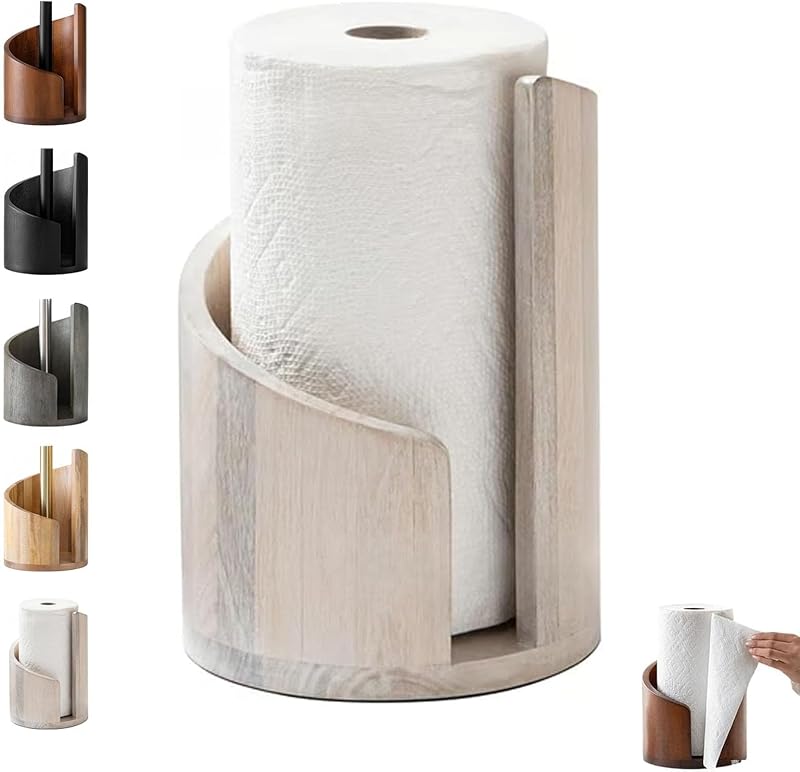 One-Hand Paper Towel Holder: Mango Wood Base & Iron Stand for Jumbo Rolls (Gray) - Take Fire