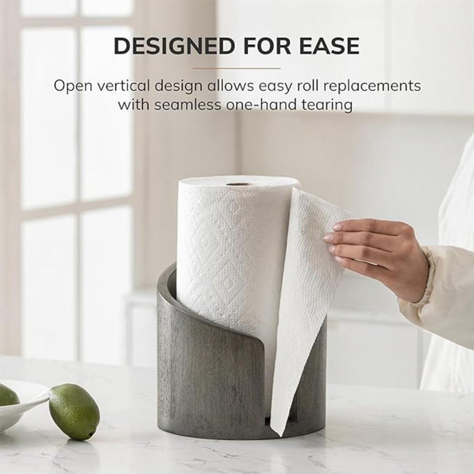 One-Hand Paper Towel Holder: Mango Wood Base & Iron Stand for Jumbo Rolls (Gray) - Take Fire