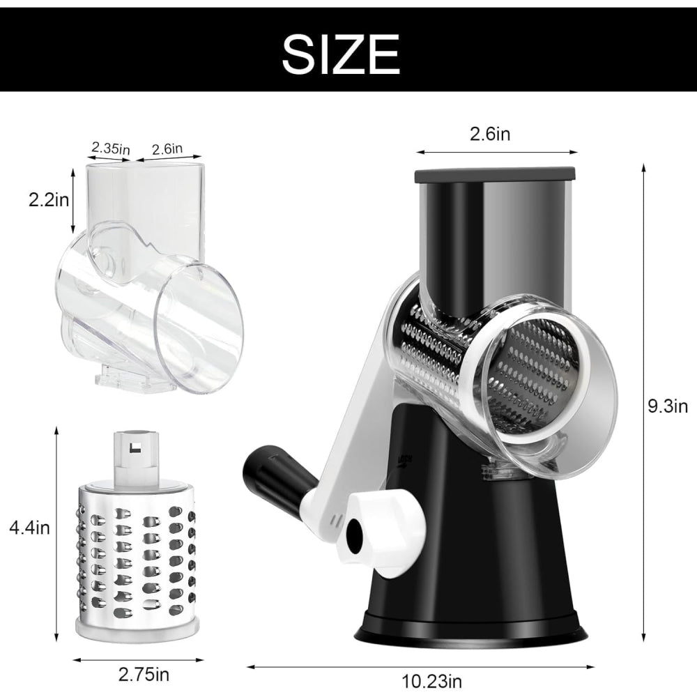 Rotary Cheese Grater with Suction Base: 3 Blades for Cheese, Nuts & Vegetables, Includes Brush (Black) - Take Fire