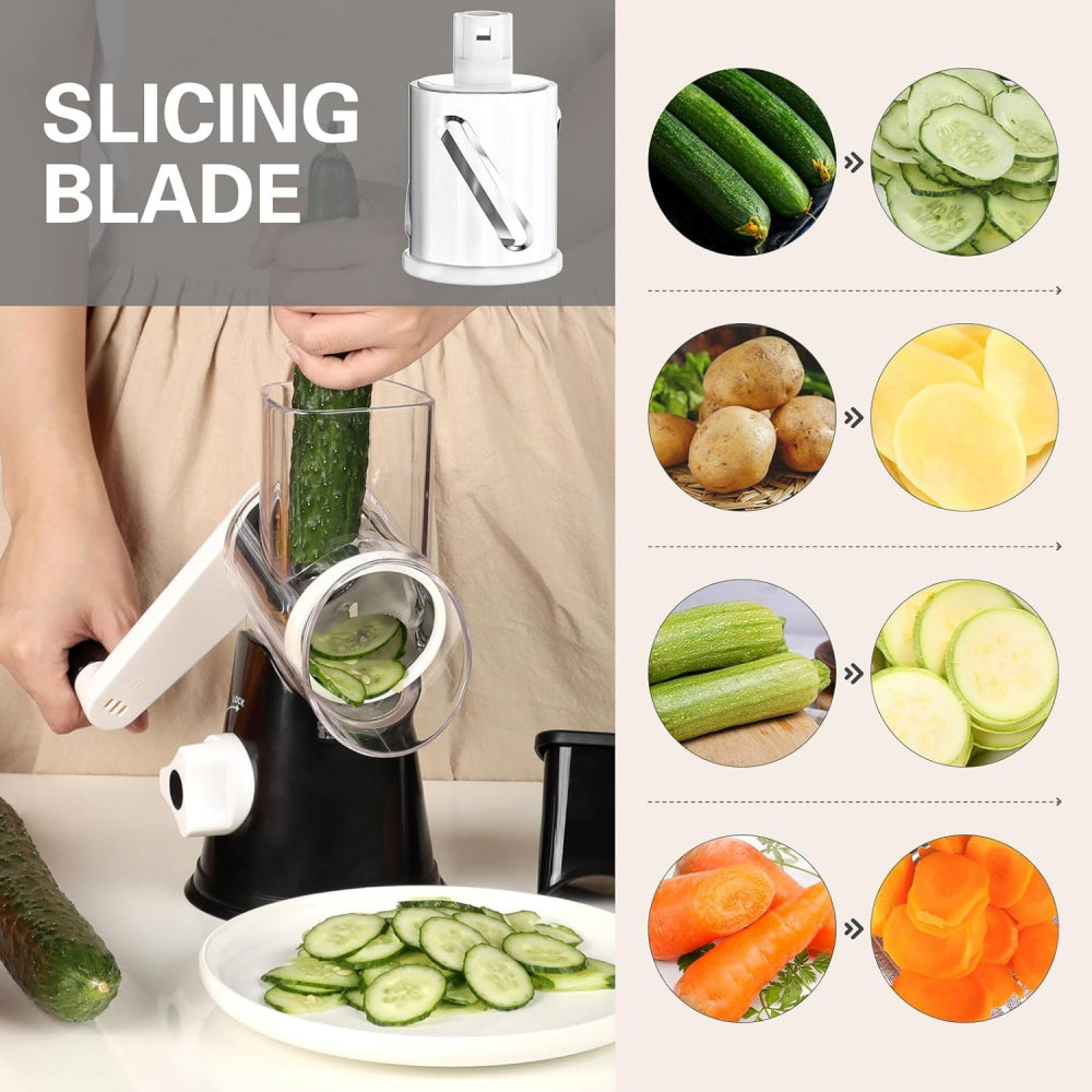 Rotary Cheese Grater with Suction Base: 3 Blades for Cheese, Nuts & Vegetables, Includes Brush (Black) - Take Fire