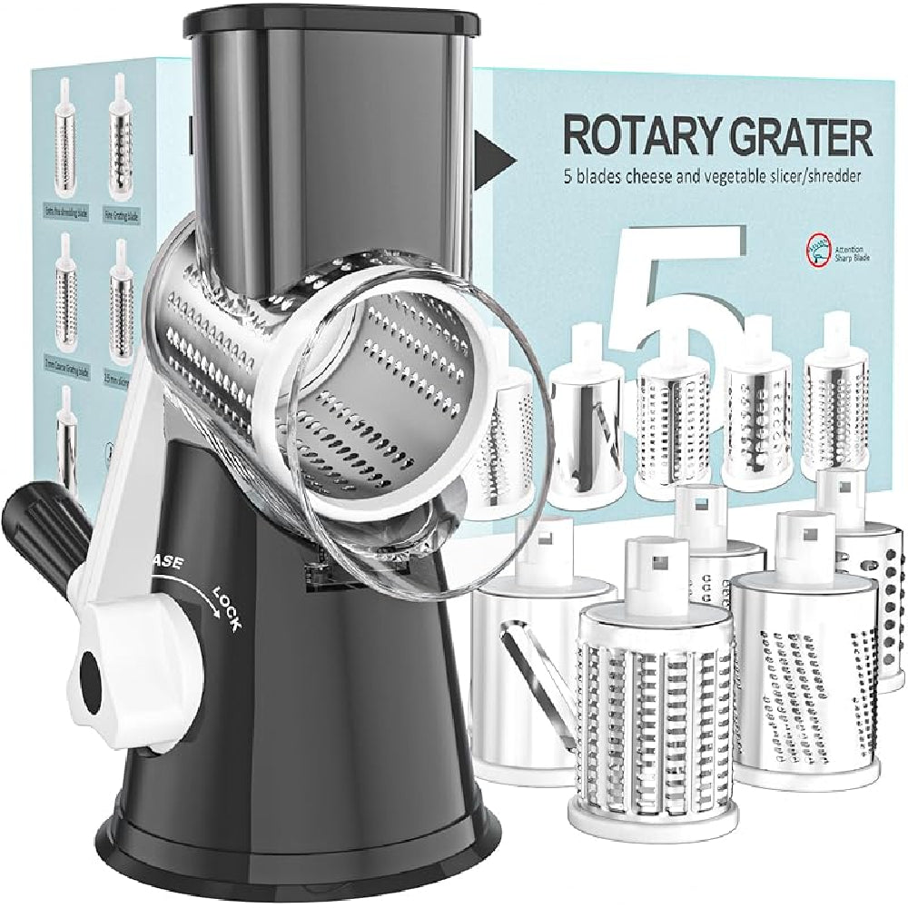 Rotary Cheese Grater with Suction Base: 3 Blades for Cheese, Nuts & Vegetables, Includes Brush (Black) - Take Fire