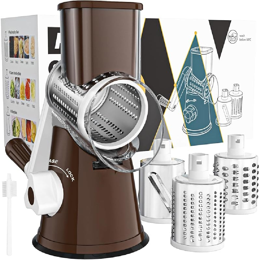 Rotary Cheese Grater with Suction Base: 3 Blades for Cheese, Nuts & Vegetables, Includes Brush (Black) - Take Fire