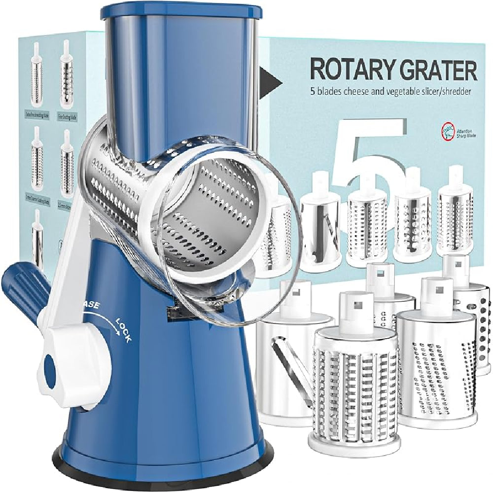 Rotary Cheese Grater with Suction Base: 3 Blades for Cheese, Nuts & Vegetables, Includes Brush (Black) - Take Fire