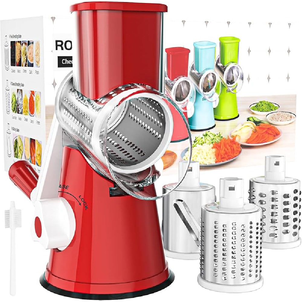 Rotary Cheese Grater with Suction Base: 3 Blades for Cheese, Nuts & Vegetables, Includes Brush (Black) - Take Fire