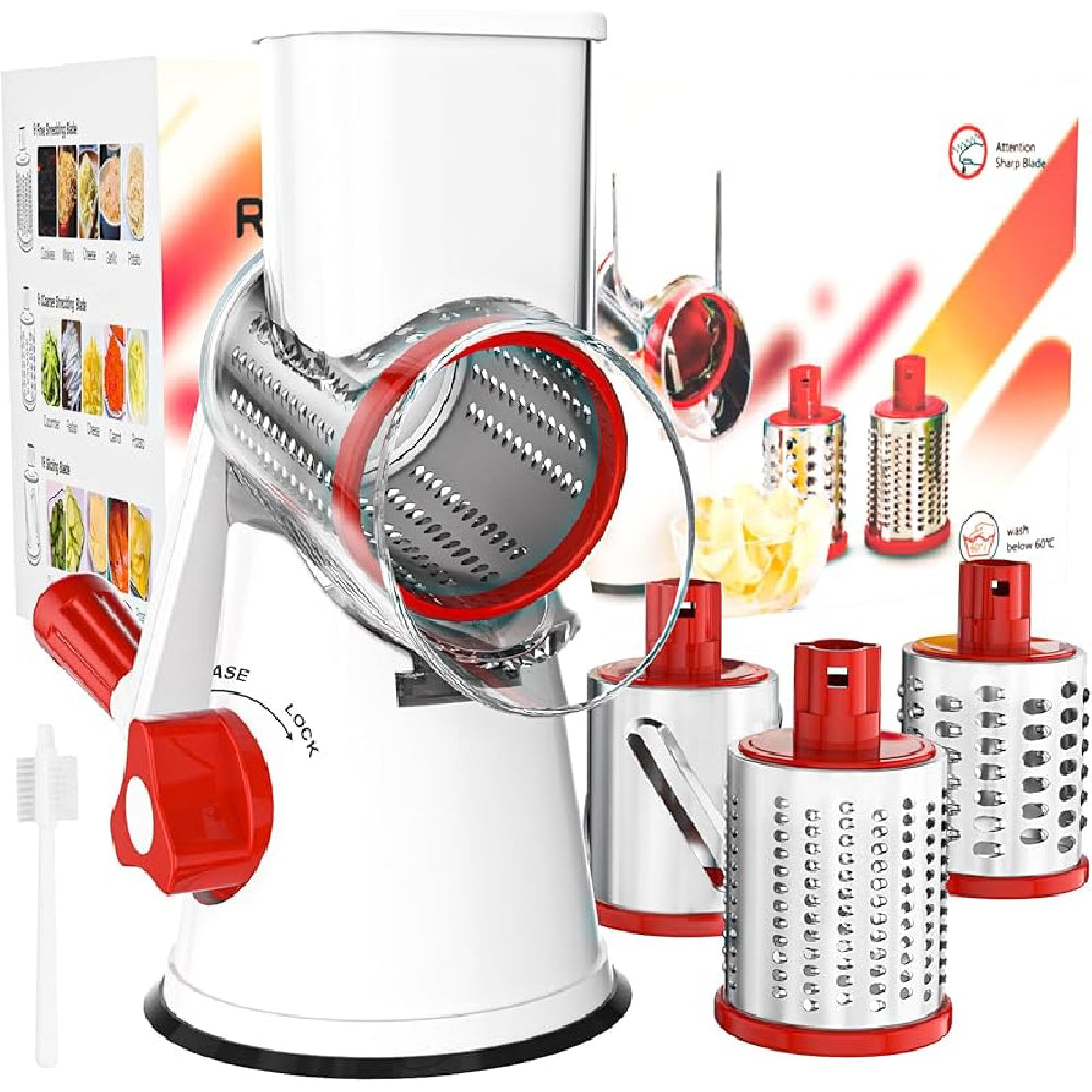 Rotary Cheese Grater with Suction Base: 3 Blades for Cheese, Nuts & Vegetables, Includes Brush (Black) - Take Fire