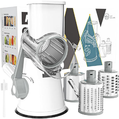 Rotary Cheese Grater with Suction Base: 3 Blades for Cheese, Nuts & Vegetables, Includes Brush (Black) - Take Fire