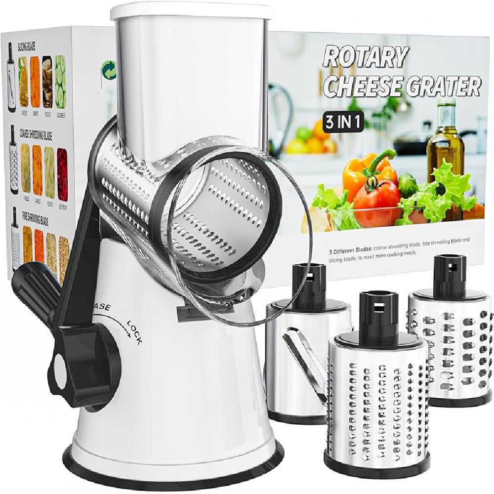 Rotary Cheese Grater with Suction Base: 3 Blades for Cheese, Nuts & Vegetables, Includes Brush (Black) - Take Fire