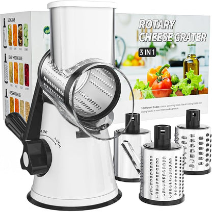 Rotary Cheese Grater with Suction Base: 3 Blades for Cheese, Nuts & Vegetables, Includes Brush (Black) - Take Fire