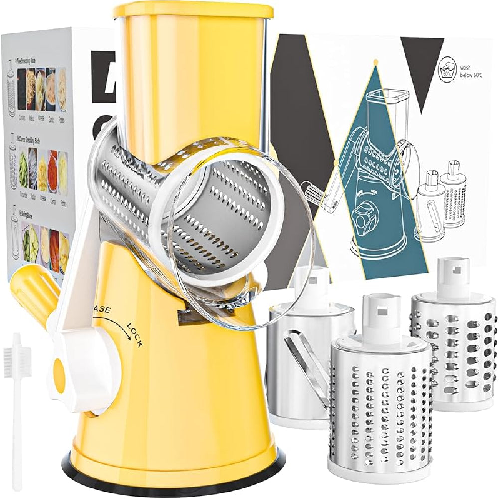 Rotary Cheese Grater with Suction Base: 3 Blades for Cheese, Nuts & Vegetables, Includes Brush (Black) - Take Fire
