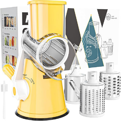 Rotary Cheese Grater with Suction Base: 3 Blades for Cheese, Nuts & Vegetables, Includes Brush (Black) - Take Fire