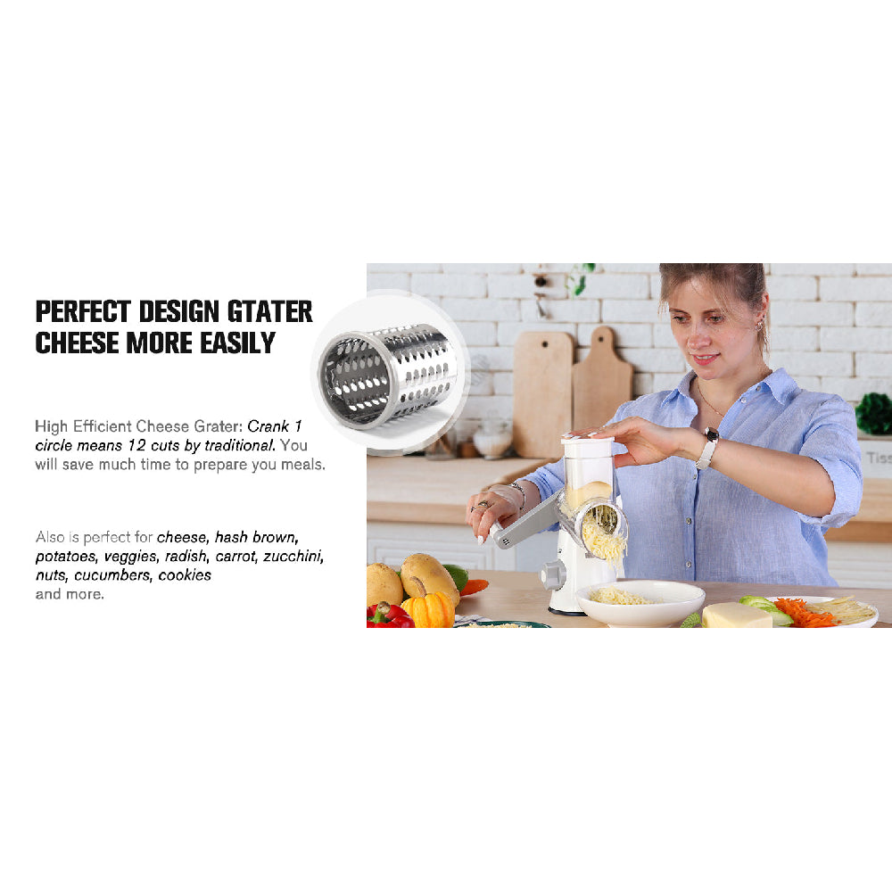 Rotary Cheese Grater with Suction Base: 3 Blades for Cheese, Nuts & Vegetables, Includes Brush (Black) - Take Fire