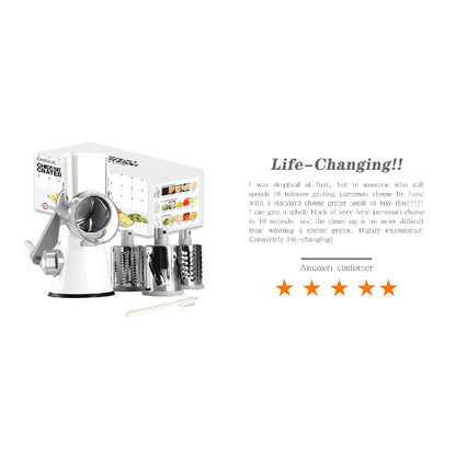 Rotary Cheese Grater with Suction Base: 3 Blades for Cheese, Nuts & Vegetables, Includes Brush (Black) - Take Fire