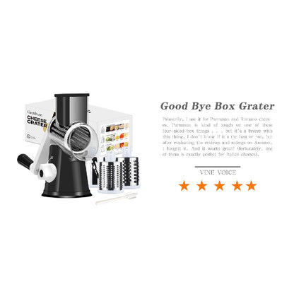 Rotary Cheese Grater with Suction Base: 3 Blades for Cheese, Nuts & Vegetables, Includes Brush (Black) - Take Fire