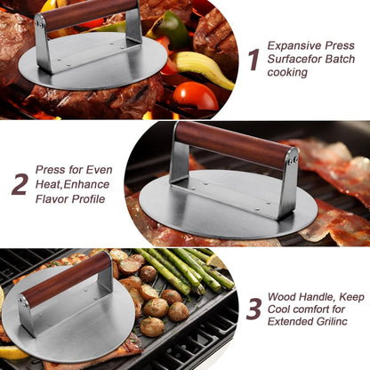Extra Large Stainless Steel Burger Press: 2.5lb Heavy Duty Smasher with Wood Handle for Grills.