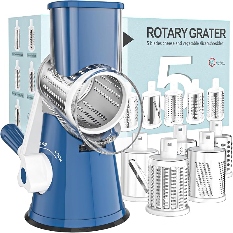 Rotary Cheese Grater with Suction Base: 3 Blades for Cheese, Nuts & Vegetables, Includes Brush (Black)