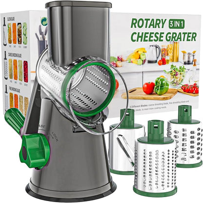 Rotary Cheese Grater with Suction Base: 3 Blades for Cheese, Nuts & Vegetables, Includes Brush (Black)
