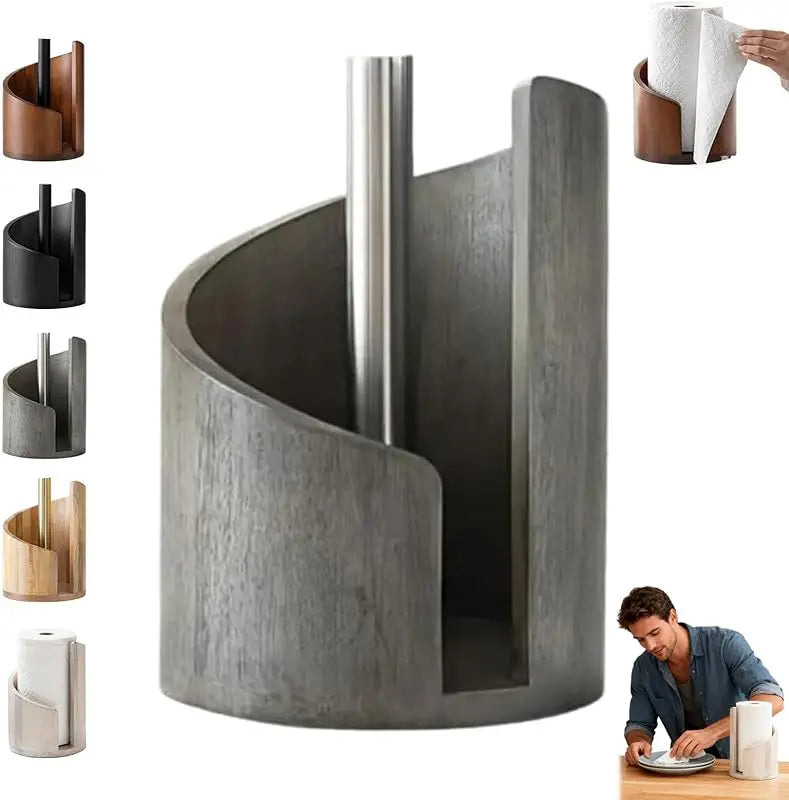 One-Hand Paper Towel Holder: Mango Wood Base & Iron Stand for Jumbo Rolls (Gray) - Take Fire