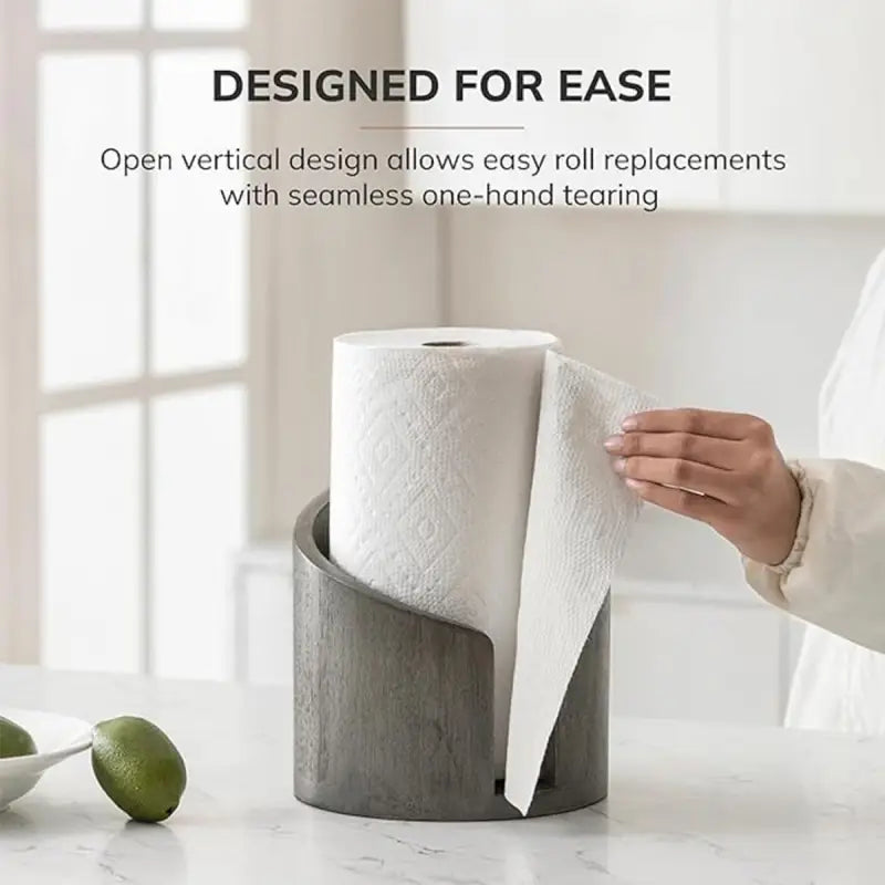 One-Hand Paper Towel Holder: Mango Wood Base & Iron Stand for Jumbo Rolls (Gray) - Take Fire