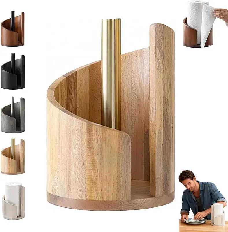 One-Hand Paper Towel Holder: Mango Wood Base & Iron Stand for Jumbo Rolls (Gray) - Take Fire