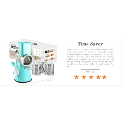 Rotary Cheese Grater with Suction Base: 3 Blades for Cheese, Nuts & Vegetables, Includes Brush (Black)