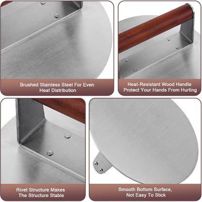 Extra Large Stainless Steel Burger Press: 2.5lb Heavy Duty Smasher with Wood Handle for Grills.
