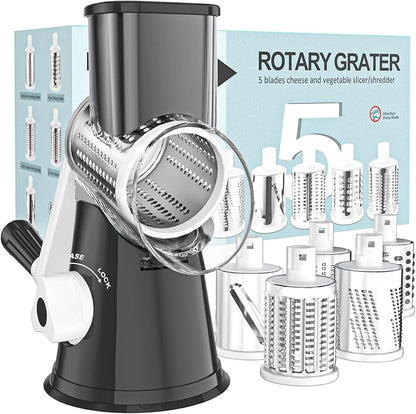 Rotary Cheese Grater with Suction Base: 3 Blades for Cheese, Nuts & Vegetables, Includes Brush (Black)