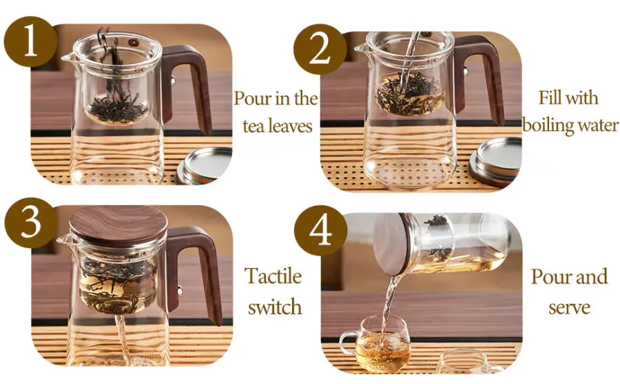 Magic Glass Teapot 600ml: Push-Control Lid with Strainer for Home & Office Use - Take Fire