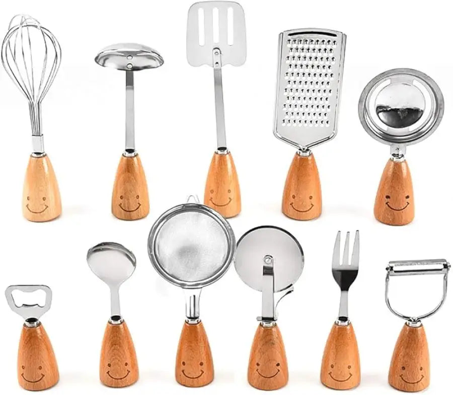 Innovative Utensil Set with Ergonomic Wooden Handles for Stainless Steel Kitchen