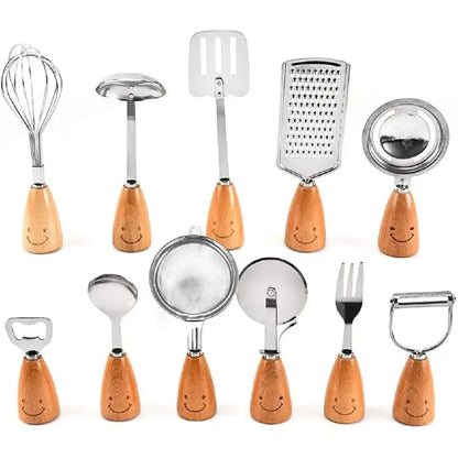 Innovative Utensil Set with Ergonomic Wooden Handles for Stainless Steel Kitchen