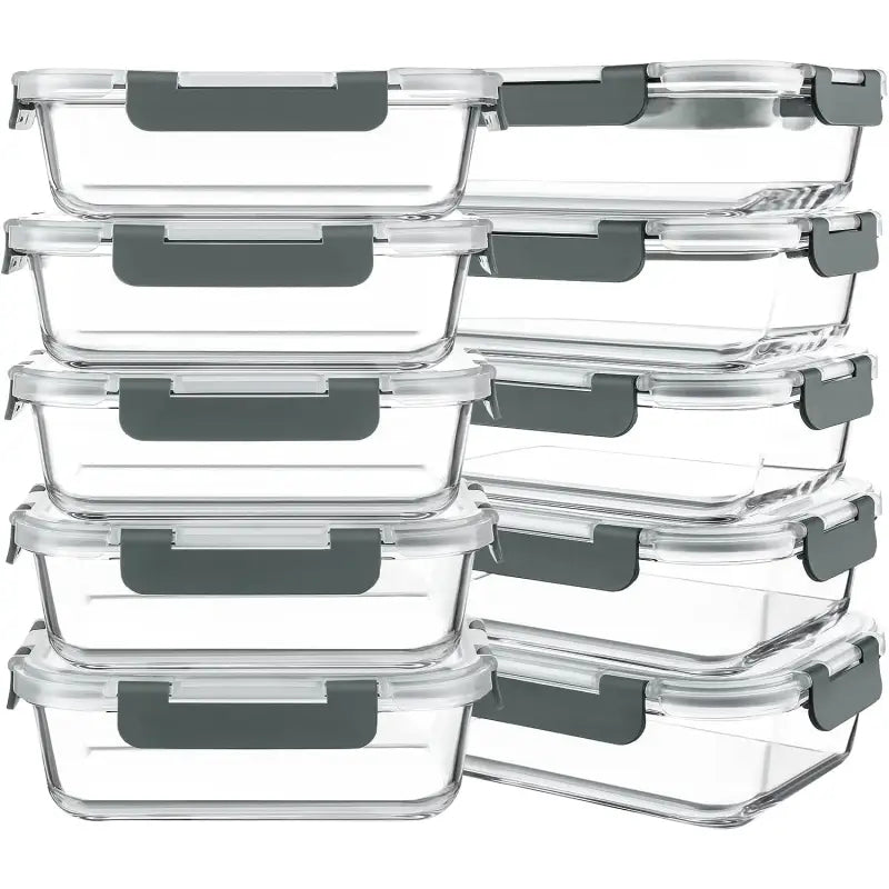10-Pack 30oz Glass Containers: Airtight Meal Prep Bento Box for Microwave/Dishwasher (Gray) - Take Fire