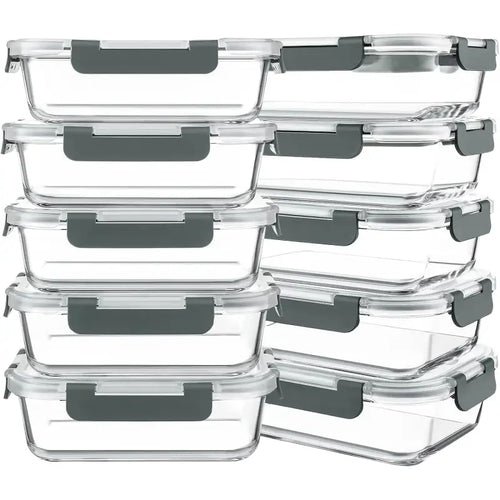 10-Pack 30oz Glass Containers: Airtight Meal Prep Bento Box for Microwave/Dishwasher (Gray) - Take Fire