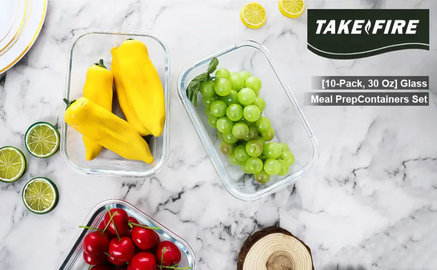 10-Pack 30oz Glass Containers: Airtight Meal Prep Bento Box for Microwave/Dishwasher (Gray) - Take Fire