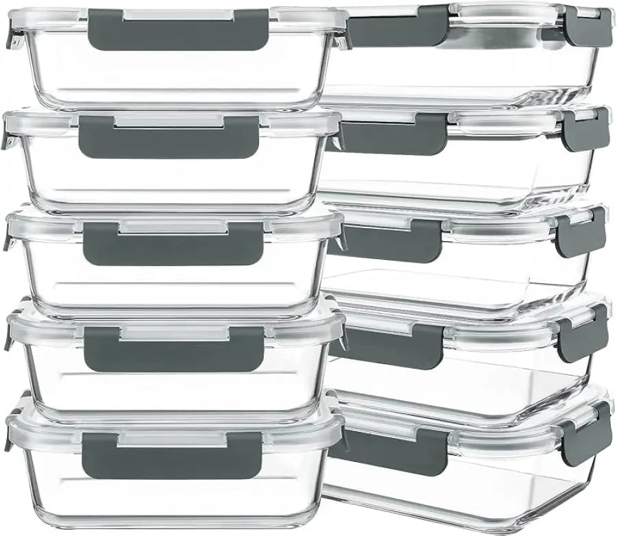 10-Pack 30oz Glass Containers: Airtight Meal Prep Bento Box for Microwave/Dishwasher (Gray) - Take Fire