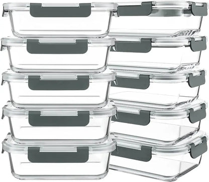 10-Pack 30oz Glass Containers: Airtight Meal Prep Bento Box for Microwave/Dishwasher (Gray) - Take Fire