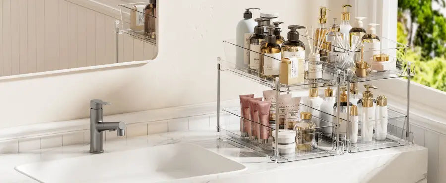 4-Pack Under Sink Organizer: 2-Tier Pull-Out Drawers with Track for Bathroom & Pantry Storage - Take Fire