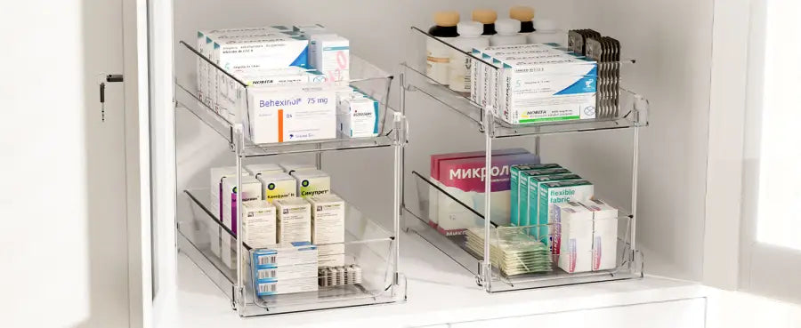 4-Pack Under Sink Organizer: 2-Tier Pull-Out Drawers with Track for Bathroom & Pantry Storage - Take Fire