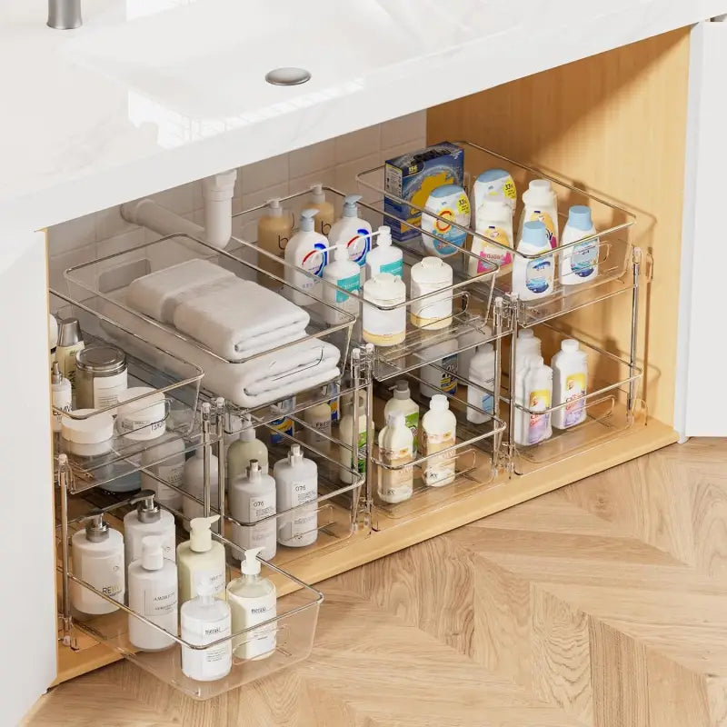 4-Pack Under Sink Organizer: 2-Tier Pull-Out Drawers with Track for Bathroom & Pantry Storage - Take Fire