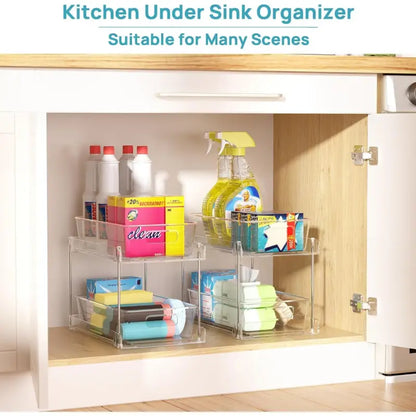 4-Pack Under Sink Organizer: 2-Tier Pull-Out Drawers with Track for Bathroom & Pantry Storage - Take Fire