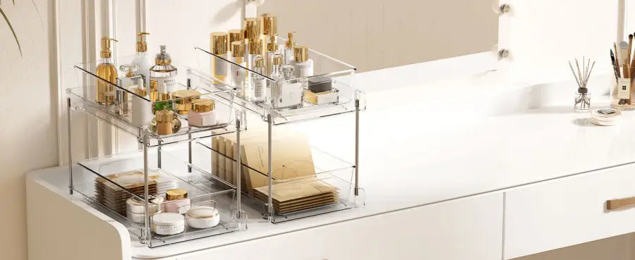 4-Pack Under Sink Organizer: 2-Tier Pull-Out Drawers with Track for Bathroom & Pantry Storage - Take Fire