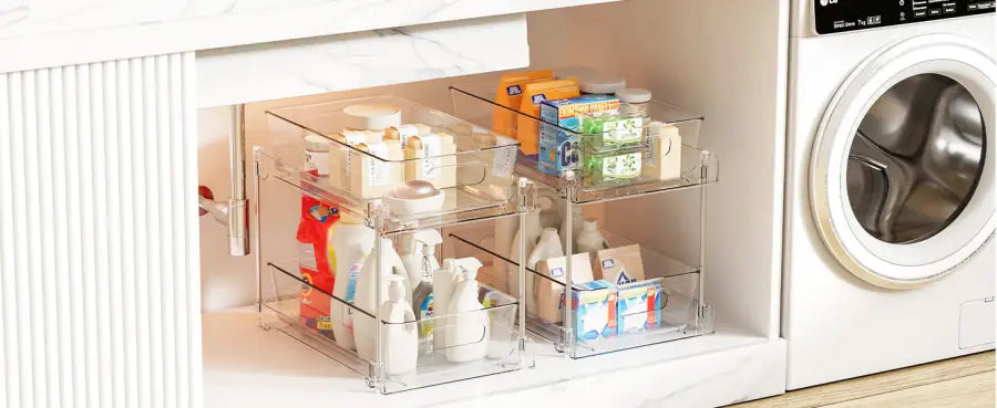 4-Pack Under Sink Organizer: 2-Tier Pull-Out Drawers with Track for Bathroom & Pantry Storage - Take Fire