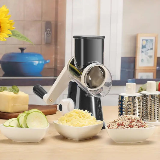 Rotary Cheese Grater with Suction Base: 3 Blades for Cheese, Nuts & Vegetables, Includes Brush (Black) - Take Fire