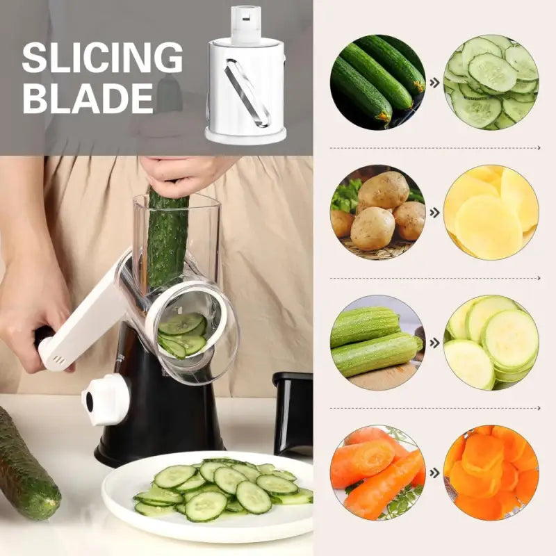 Rotary Cheese Grater with Suction Base: 3 Blades for Cheese, Nuts & Vegetables, Includes Brush (Black) - Take Fire