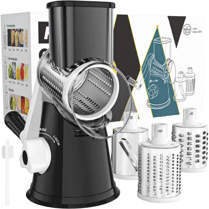 Rotary Cheese Grater with Suction Base: 3 Blades for Cheese, Nuts & Vegetables, Includes Brush (Black) - Take Fire
