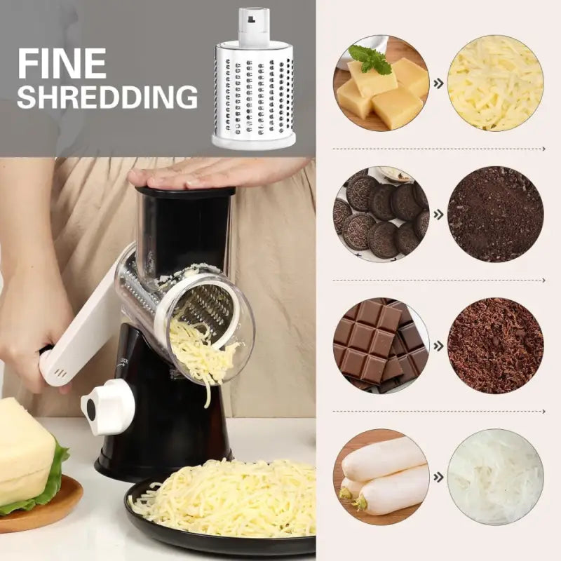 Rotary Cheese Grater with Suction Base: 3 Blades for Cheese, Nuts & Vegetables, Includes Brush (Black) - Take Fire