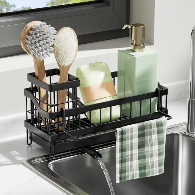 All-in-One Sink Caddy: Sponge & Soap Holder with Non-Slip Brush Storage (Black) - Take Fire