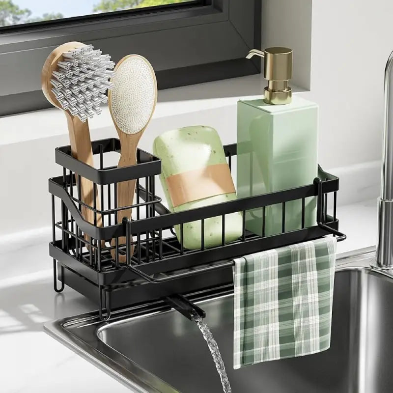 All-in-One Sink Caddy: Sponge & Soap Holder with Non-Slip Brush Storage (Black) - Take Fire